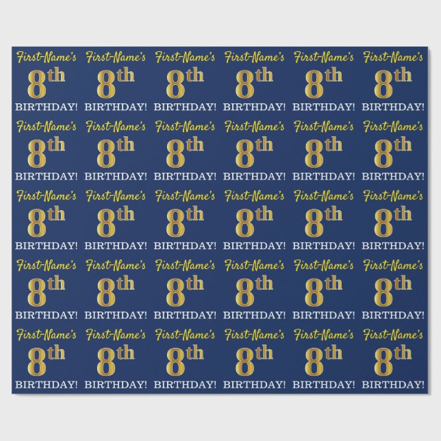 Papier Cadeau Bleu, Imitation or Look "8e anniversaire" (Plat)