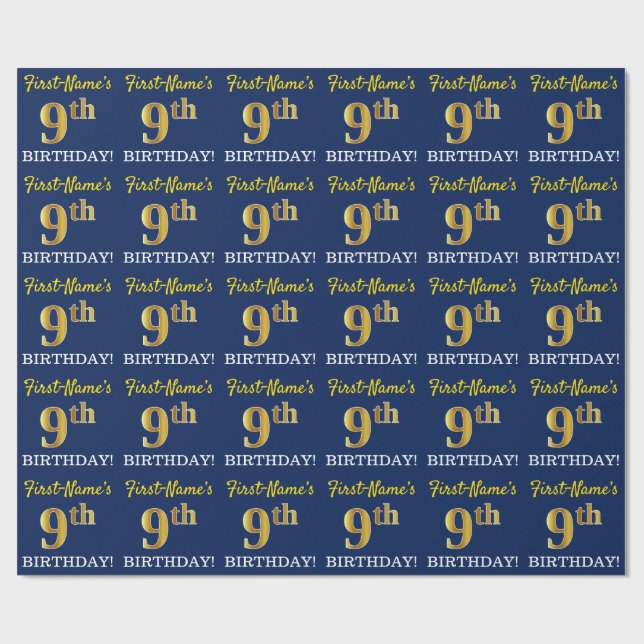 Papier Cadeau Bleu, Imitation Or Look "9e anniversaire" (Plat)