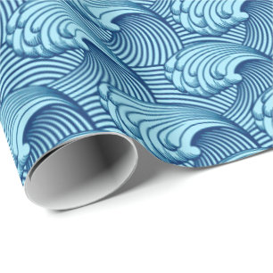Papier Cadeau Bleu japonais vintage de vagues, de marine et de
