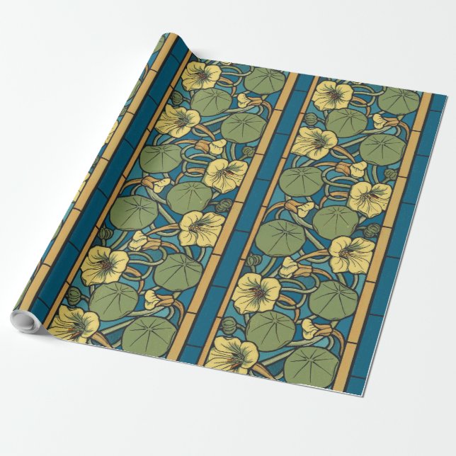 Papier Cadeau Bleu jaune Nasturtium Fleur Nouveau Motif (Déroulé)