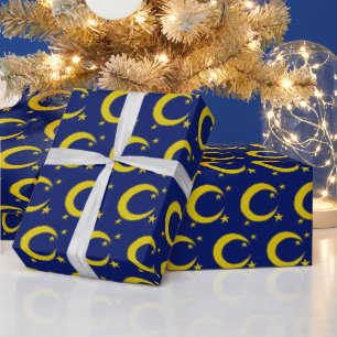 Papier Cadeau Bleu Jaune nuit Ciel Croissant Lune Étoiles Soir