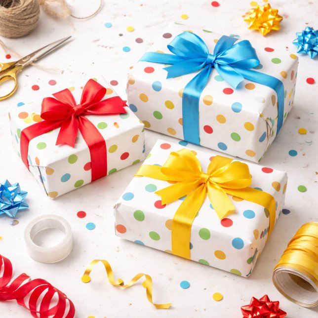 Papier Cadeau Bleu jaune vif bleu et Pois rouges (Créateur téléchargé)