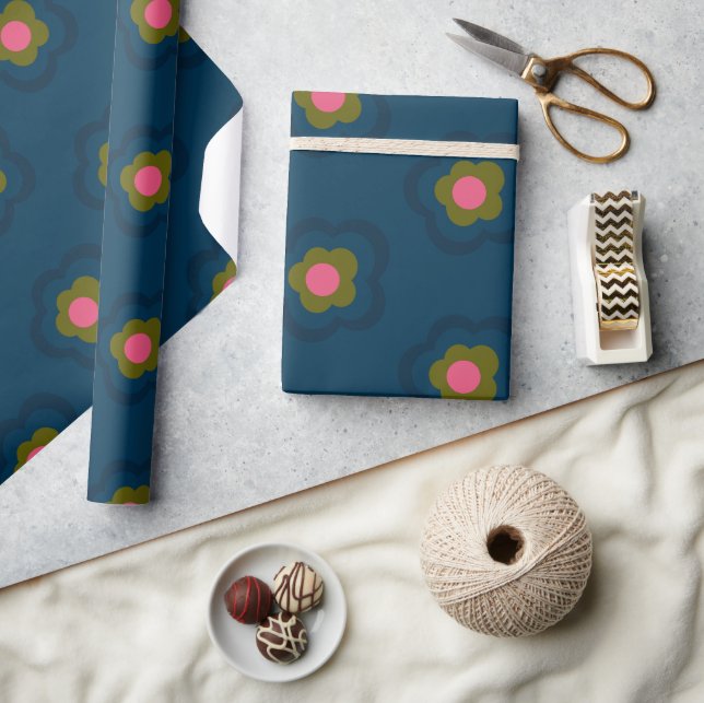 Papier Cadeau Bleu marine chic Fleurs rose chaud Célébrez annive (Artisanat)
