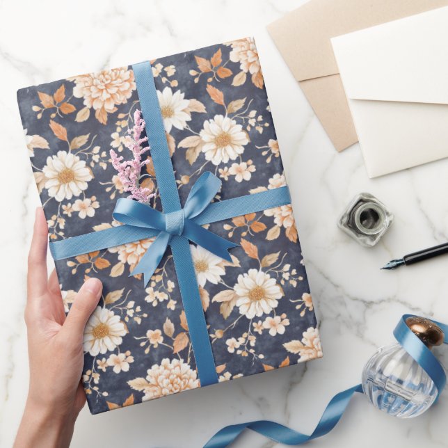 Papier Cadeau Bleu marine crème pêche floral (Cadeaux)