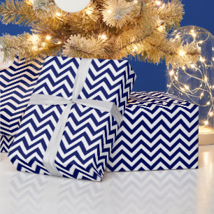 Papier Cadeau Bleu marine et blanc grand motif chevron zigzag
