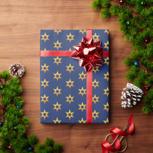 Papier Cadeau Bleu marine et blanc Hanouka étoile dorée de David
