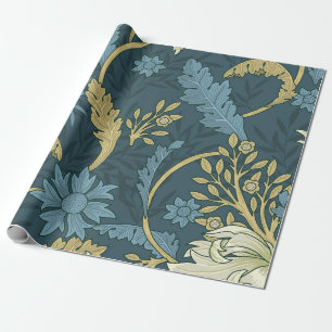 Papier Cadeau Bleu marine et or floral dans le style William Mor