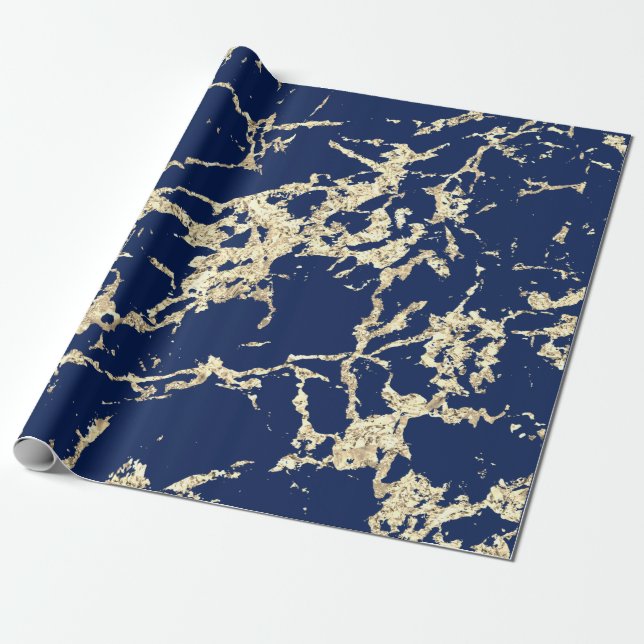Papier Cadeau Bleu Marine Marbre Or Strokes Idée cadeau (Déroulé)