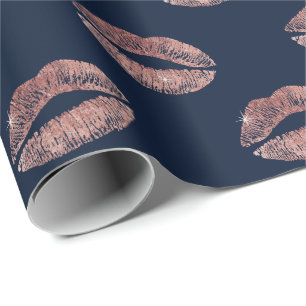 Papier Cadeau Bleu marine rose moderne d'impression de lèvres