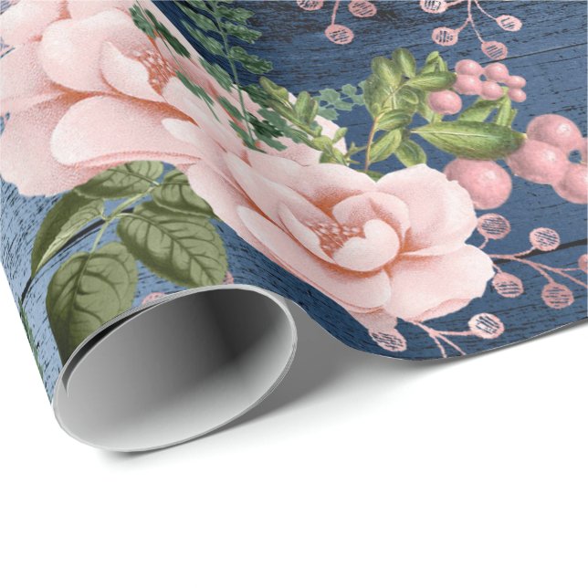 Papier Cadeau Bleu Marine rose Roses Woodland Rustique Floral Ve (Coin rond)