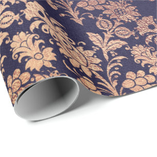 Papier Cadeau Bleu Marine Royal Argent Rose Cuivre Poudre Floral