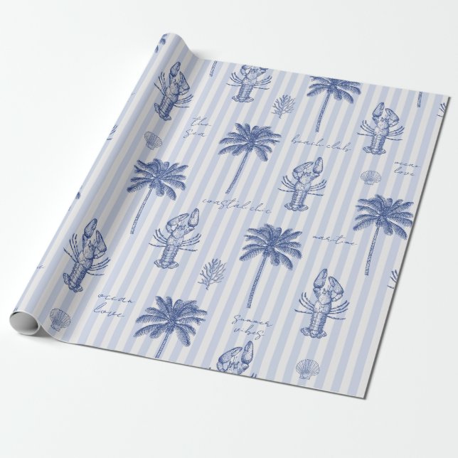 Papier Cadeau Bleu maritime côtier Motif rayé (Déroulé)
