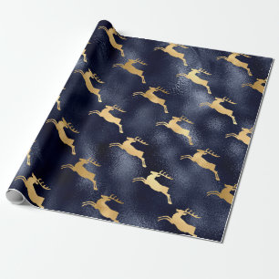 Papier Cadeau Bleu métallique et renne doré