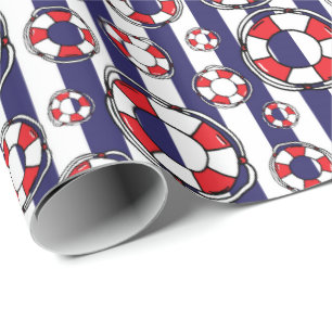 Papier Cadeau Bleu nautique Grille Lifebouy Motif balnéaire