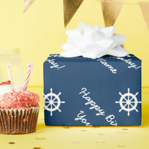 Papier Cadeau Bleu nautique personnalisé et blanc de roue de