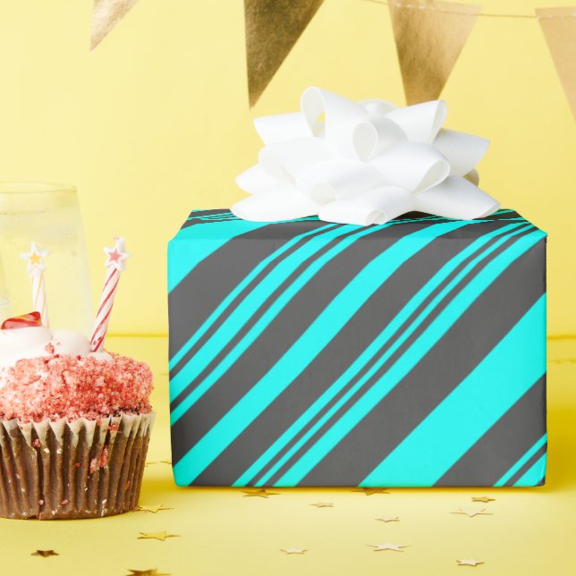 Papier Cadeau Bleu néon et rayures grises (Fête d'anniversaire)
