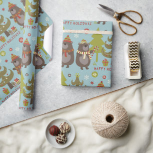 Papier Cadeau Bleu Noël Ours Joyeux Fêtes