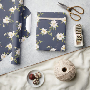 Papier Cadeau Bleu Nuit Blanc Floral