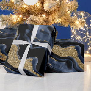Papier Cadeau Bleu Nuit Élégant et Paillettes Dorées pour Annive