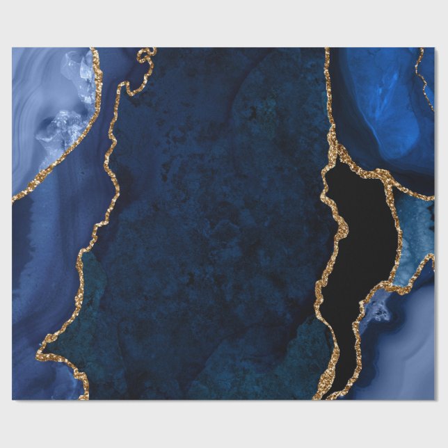 Papier Cadeau Bleu Nuit et Or Faux Paillettes Agate (Plat)