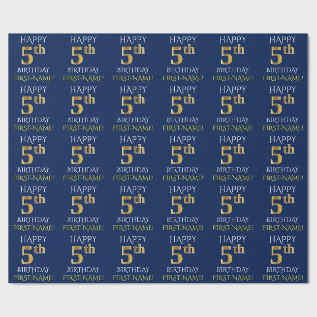 Papier Cadeau Bleu, or Faux "HEUREUX 5e anniversaire" (Plat)
