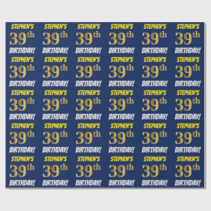 Papier Cadeau Bleu, Or Faux/Imitation, "39e ANNIVERSAIRE"