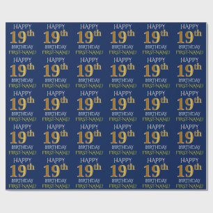 Papier Cadeau Bleu, or "JOYEUX 19ème ANNIVERSAIRE " de Faux