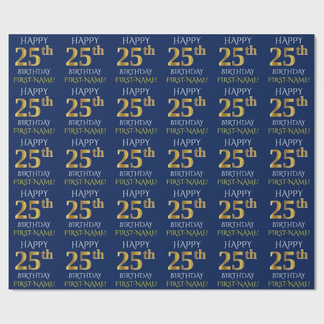Papier Cadeau Bleu, or "JOYEUX 25ème ANNIVERSAIRE " de Faux (Plat)