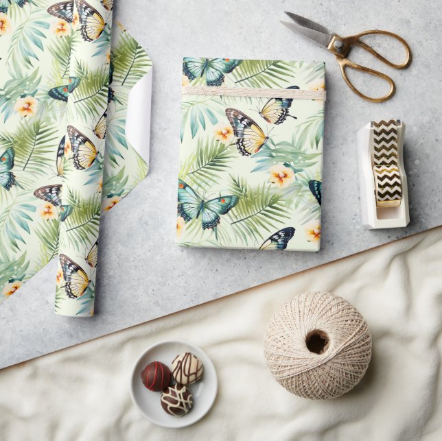 Papier Cadeau Bleu Orange Papillon Jaune Vert Floral (Artisanat)