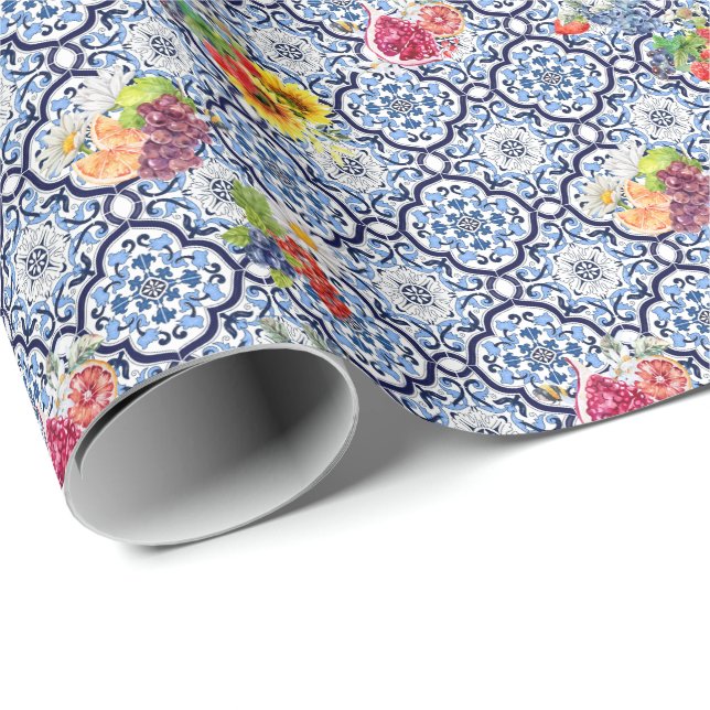 Papier Cadeau Bleu Orné Fruité Florale Baies Carreaux siciliens (Coin rond)