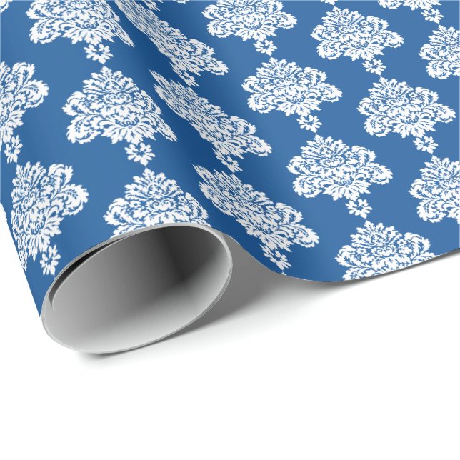 Papier Cadeau Bleu | Papier blanc à enveloppement de Damas (Coin rond)