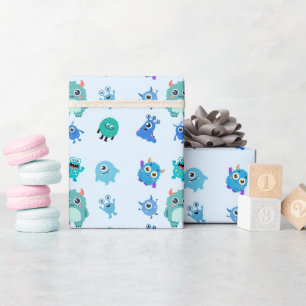 Papier Cadeau Bleu pour Garçons avec Monstre Migno