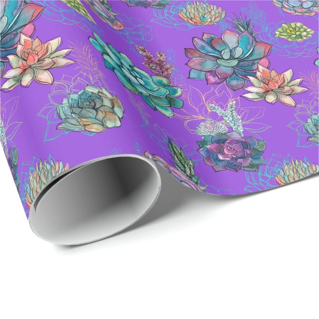 Papier Cadeau *~* Bleu pourpre Vert Motif Succulent (Coin rond)