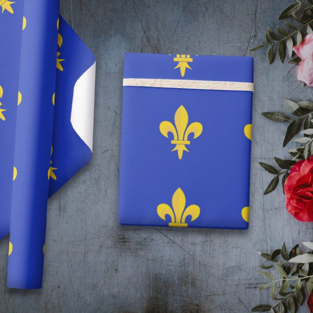 Papier cadeau bleu roi avec motif Fleur de Lys Or (Royal Blue Wrapping Paper with gold Fleur de Lis)