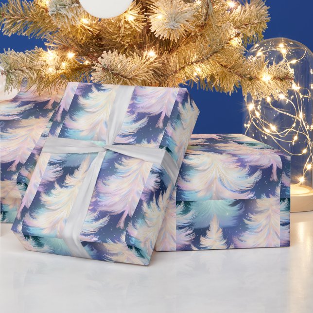 Papier Cadeau Bleu rose blanc Arbres d'or moderne Noël (Vacances)