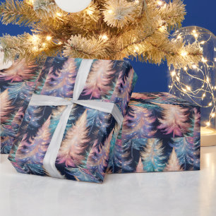 Papier Cadeau Bleu rose or Arbres légers Noël moderne