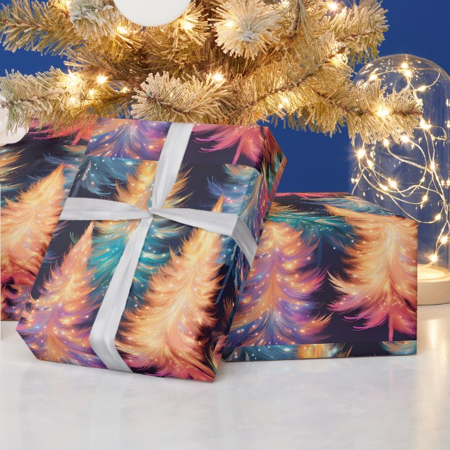 Papier Cadeau Bleu rose or Arbres légers Noël moderne (Vacances)