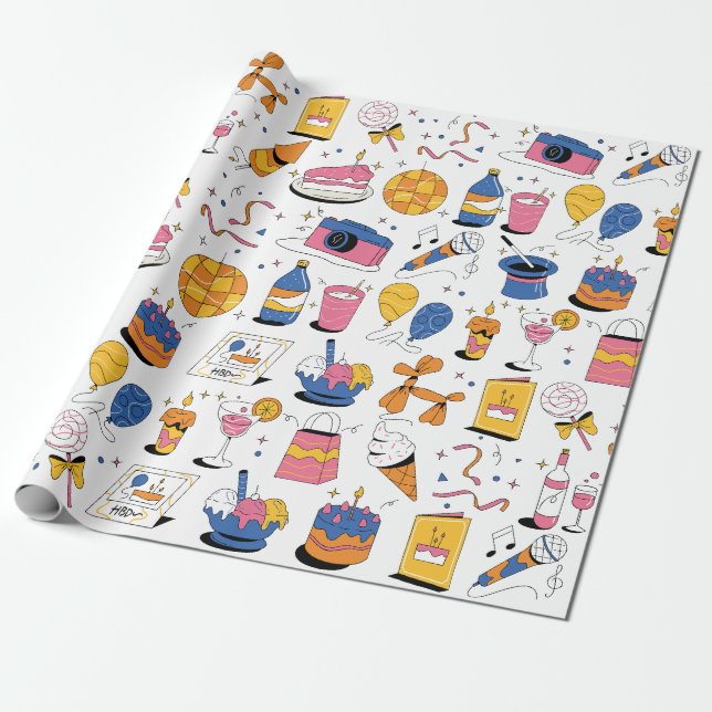 Papier Cadeau Bleu rose orange style manuscrit Anniversaire (Déroulé)