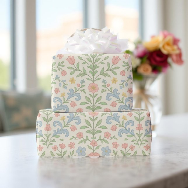 Papier Cadeau Bleu rose Vert Floral Classique Grandmillentenaire (Créateur téléchargé)