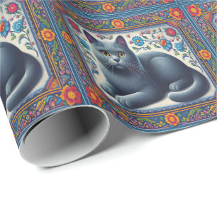 Papier Cadeau Bleu russe réaliste Chat Colorful Frontière floral