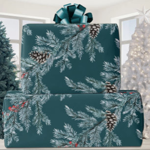 Papier Cadeau Bleu Spruce Cones Rouge Ilex Berries Garland Turqu