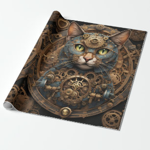 Papier Cadeau bleu steampunk chat AI papier d'emballage art