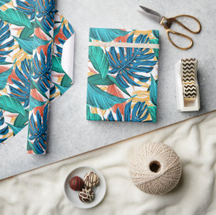 Papier Cadeau Bleu tropical feuilles jaunes 