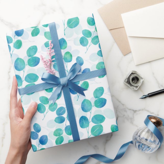 Papier Cadeau Bleu Turquoise Aquarelle Eucalyptus Feuilles (Cadeaux)