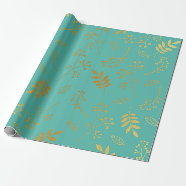 Papier Cadeau Bleu turquoise de feuille de feuille d'or florale (Déroulé)