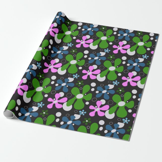 Papier Cadeau Bleu, vert et rose fleurs funky (Déroulé)