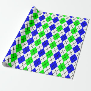 Papier Cadeau Bleu Vert Jacquard blanc Diamant Design