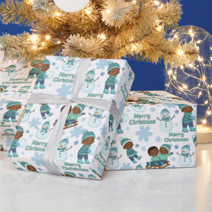 Papier Cadeau Bleu & Vert Joyeux Noël Garçons Afro-Américains