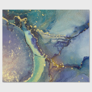 Papier Cadeau Bleu Vert Or Encre d'alcool Liquide Art Abstrait
