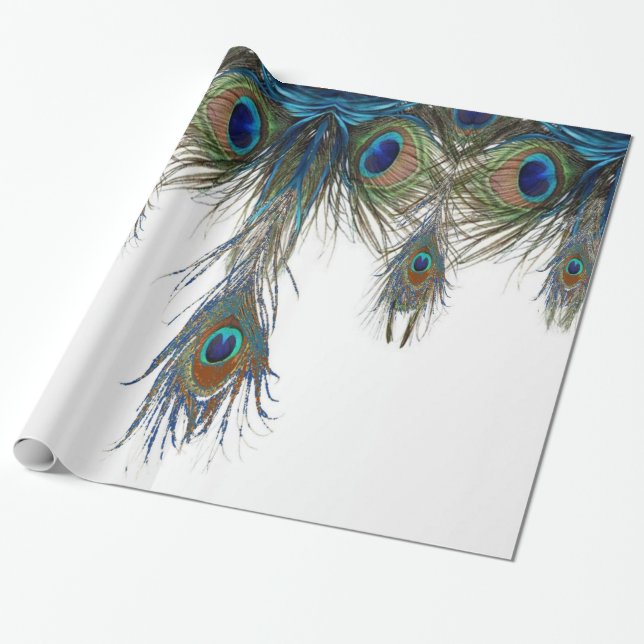 Papier Cadeau bleu-vert-paon-plume-art (Déroulé)